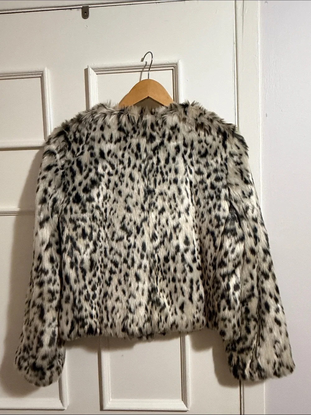 J. Crew Faux Fur Leopard-Print Cropped Jacket in Cream and Black